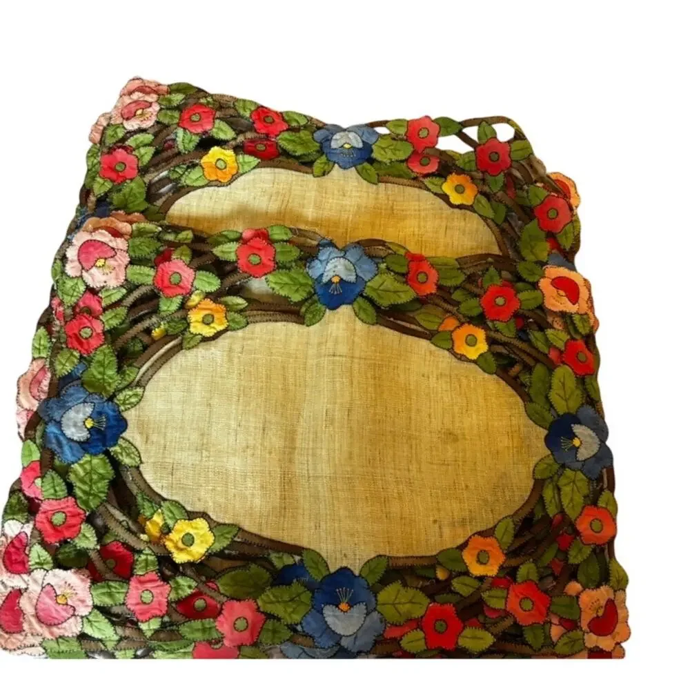 Vintage Floral Applique Linen Placemats Set of 8 Hand Embroidered Cutwork